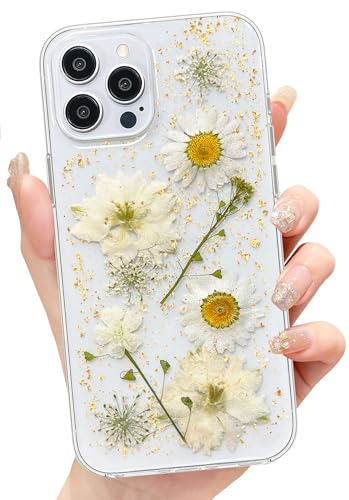 Abbery für iPhone Hülle Blumen Muster Durchsichtig Mit Getrocknete Blumen Motiv Glitzer Silikon Frauen Mädchen Stoßfeste Anti-Kratzer Handyhülle Cover (Weiß, für iPhone 12 Pro Max) von Abbery