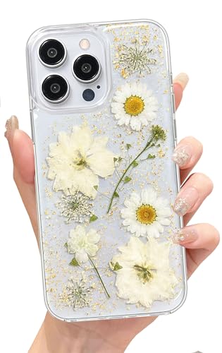 Abbery für iPhone Hülle Blumen Muster Durchsichtig Mit Getrocknete Blumen Motiv Glitzer Silikon Frauen Mädchen Stoßfeste Anti-Kratzer Handyhülle Cover (Weiß, für iPhone 13 Pro Max) von Abbery