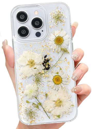 Abbery für iPhone Hülle Blumen Muster Durchsichtig Mit Getrocknete Blumen Motiv Glitzer Silikon Frauen Mädchen Stoßfeste Anti-Kratzer Handyhülle Cover (Weiß, für iPhone 14 Pro) von Abbery