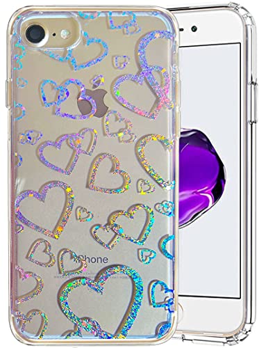 Abbery für iPhone SE 3/SE 2/8/7/6/6s Hülle Durchsichtig mit Motiv Reflektieren Herzen Glitzer Holografisch Bunt Herz Muster Transparent Case für Frauen Mädchen Stoßfeste Schutzhülle Handyhülle von Abbery