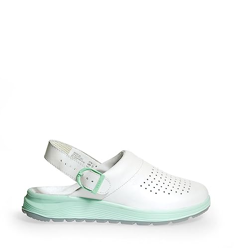 ABEBA 85080 - Unisex Schuhe - ACTIVE Clog SRC - Perforiertes Design - EU 42 - Weiß/Grün - Futtermaterial: Stoff - Mit Schnallenverschluss ABEBA 85080 - Unisex Schuhe - ACTIVE Clog SRC - Perforiertes Design - EU 42 - Weiß/Grün - Futtermaterial: Stoff - Mit Schnallenverschluss von Abeba