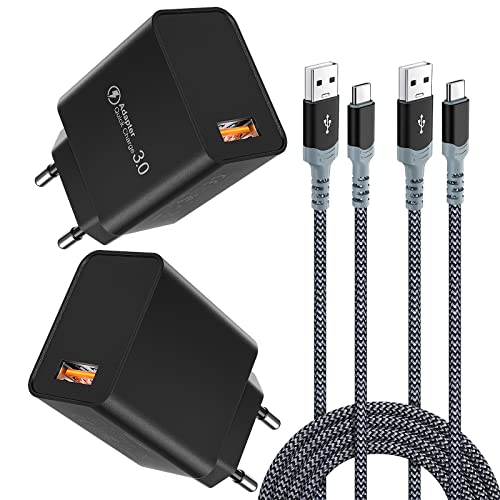 18W USB Ladegerät Quick Charge 3.0 Schnellladegerät 2 Stück mit TYP C Kabel 2M, USB Netzteil AFC Kompatibel mit Samsung S23 S22 Plus A52 A33 A23 5G A70 A20E M51,Xiaomi, Moto, Google (Schwarz) von Abetcabe