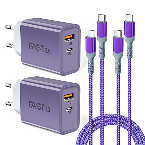 2 Stück USB C Ladegerät,20W USB C Netzteil Schnellladegerät 2-Port mit 2 Stück TYP C Ladekabel 2M, PD3.0 + QC 3.0 USB Stecker Kompatibel mit Galaxy S22 Ultra/S21/S20,iPad/Air,LG, Moto (Lila) von Abetcabe