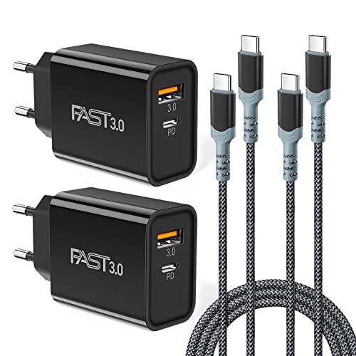 2 Stück USB C Ladegerät,20W USB C Netzteil Schnellladegerät 2-Port mit 2 Stück TYP C Ladekabel 2M, PD3.0 + QC 3.0 USB Stecker Kompatibel mit iPhone 15, Galaxy S22 Ultra/S21/S20,iPad/Air (Schwarz) von Abetcabe