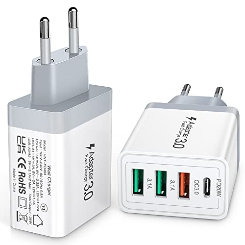 2 Stück USB Ladegerät,Insgesamt 35W USB C schnellladegerät PD 3.0 + QC 3.0, 4-Port Multi USB Netzteil, kompatibel mit Samsung Galaxy S22, S21, Note 10 9, S10, iPhone 12 11 Pro Max von Abetcabe