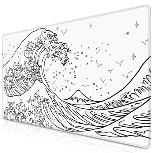 Abetcabe Gaming Mauspad XXL, Mousepad Weiß 900 x 400mm, Japanische Meereswelle Mauspad groß Vernähte Kanten WassXerdicht Anti-Rutsch für PC, Laptop Verbessert Präzision und Geschwindigkei von Abetcabe