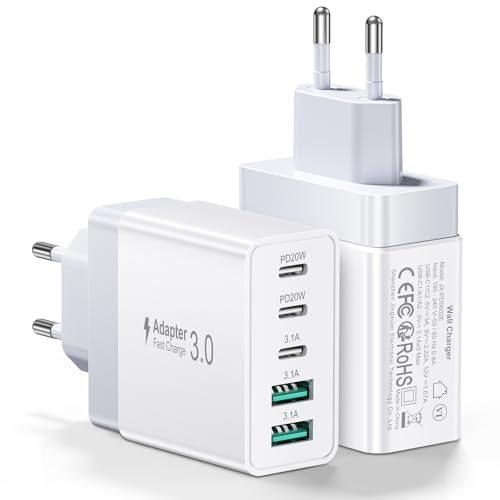 2-Pack USB C Ladegerät, 50W 5 Port Netzteil USB-C, Schnellladegerät PD 3.0, USB Stecker Compatible Avec iPhone 12 13 14 15 16 Pro Max, Galaxy S24 S23,S22,Note 10, LG von Abetcabe