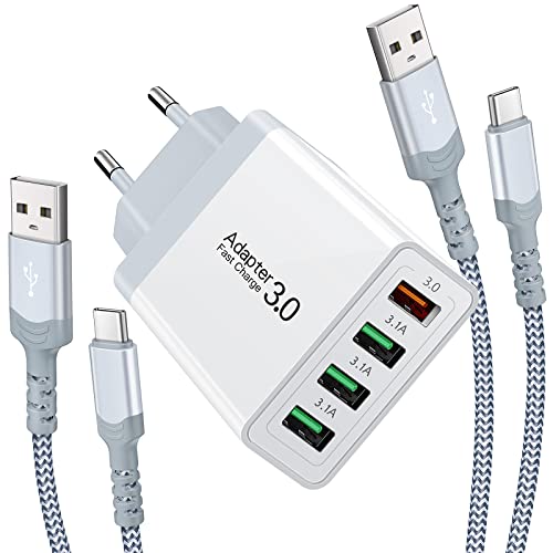 USB Ladegerät, 33W Quick 3.0 schnellladegerät mit 2m 60W USB TYP C Kabel, 4-Port Multi USB Netzteil, kompatibel mit Samsung Galaxy S22, S21, Note 10 9, S10 (White) von Abetcabe
