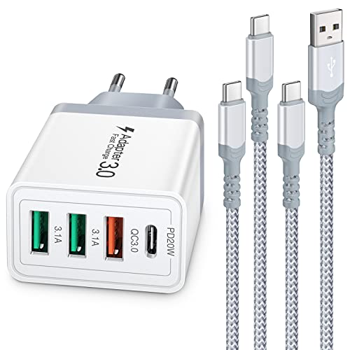 USB Ladegerät,Insgesamt 35W USB C schnellladegerät PD 3.0 + QC 3.0 mit 2m 60W USB C Kabel, 4-Port Multi USB Netzteil, kompatibel mit Samsung Galaxy S22, S21, Note 10 9, S10 von Abetcabe