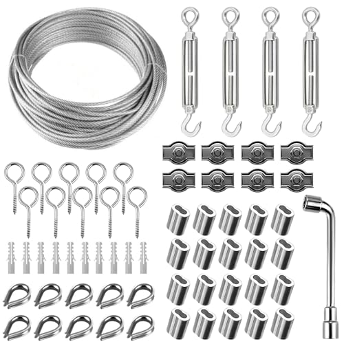 Abiemuce 30M 3mm Drahtseil, Edelstahl Spanndraht, Seilspanner, Stahlseil Mit Ösen, M3 Seilspanner Set, Spannschloss für Zäune, Außenleuchten, Wäscheleine von Abiemuce