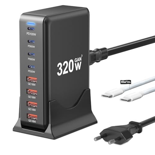 USB C Ladegerät Mehrfach: 320W 8 Anschlüsse GaN III Ladestation, USB-C PD Desktop Ladegerät mit Schnell-Laden, kompatibel mit iPhone, Samsung, MacBook,Dell,SteamDeck und mehr von Ablink