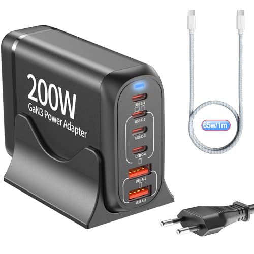 GaN III, 6-Port USB C Schnellladestation mit 200W USB C Ladegerät Block TYPD 65W Laptop Ladegerät, kommt mit 3.3ft 65W USB C Kabel./ 14/13, Galaxy S23. Kommt mit 3.3ft 65W USB C Kabel. von Ablink