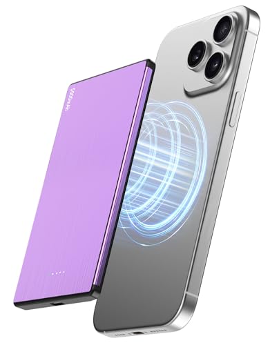 Power Bank 5000mAh, 7.9mm Ultra Slim Mag-Safe Powerbank, PD 20W Schnellladung Kabellose Tragbares Ladegerät für iPhone 16 Pro/15/14/13/12 Series (lila) von Abocap