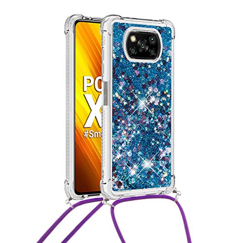 Abuenora Handyhülle Kompatibel mit Xiaomi Poco X3 Pro/Poco X3 NFC Hülle mit Band, Glitzerhülle Bling Glitzer Flüssig Bewegende TPU Silikon Cover mit Schnur zum Umhängen - Blau von Abuenora