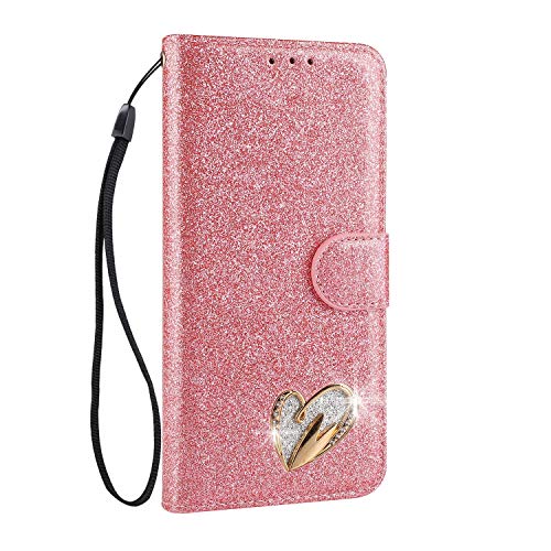 Abuenora Hülle für Samsung Galaxy A53 5G, Glitzer Handyhülle Klappbar PU Ledertasche mit Kartenfach mit Eingelegten Liebe Herz Diamond Flip Schutzhülle - Pink von Abuenora