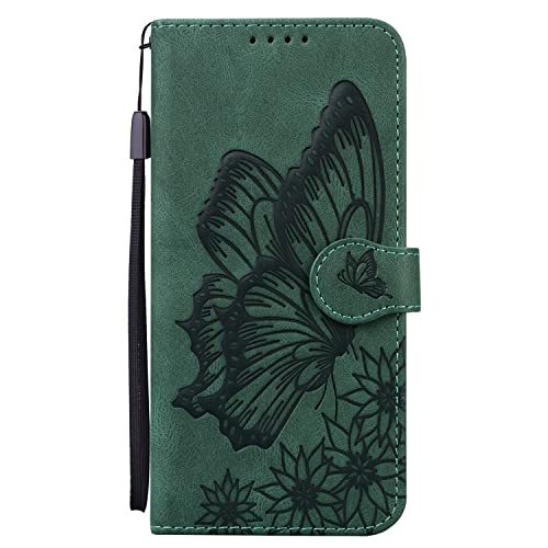 Abuenora Hülle für Xiaomi Redmi 9, Handyhülle Klappbar Handytasche Premium Leder mit Kartenfach Klapphülle Muster Schmetterling - Grün von Abuenora