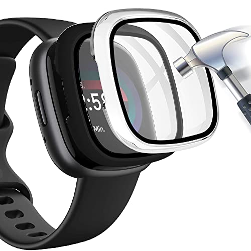 Acadeny 2-Stück Gehärtetes Glas Displayschutz Kompatibles Fitbit Versa 4/Sense 2,9H Härte 360° Rundum Schutzhülle Ultradünne Schutz PC Case Cover,schwarz+Transparent,Versa 4-Black-Transparent-x844 von Acadeny