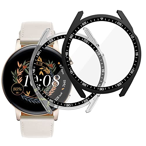 Acadeny 2-Stück Hülle Mit Gehärtetes Glas Displayschutz Kompatibles für Huawei Watch GT3 42mm,Mit Skala, 9H Härte 360° Rundum Schutzhülle Ultradünne Schutz PC Case Cover,Transparent Schwarz von Acadeny