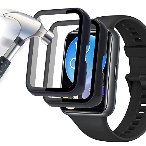 Acadeny 2-Stück Hülle Mit Gehärtetes Glas Displayschutz Kompatibles für Huawei watch fit 2,9H Härte 360° Rundum Schutzhülle Ultradünne Schutz PC Case Cover,schwarz+ blau von Acadeny