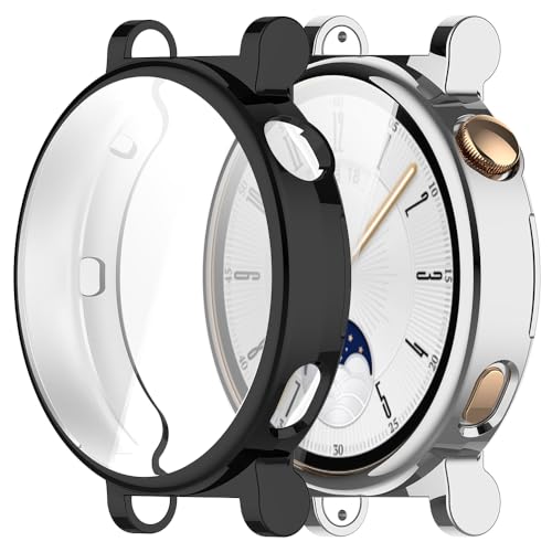 Acadeny [2 Stücke Hülle Kompatibel mit Huawei watch GT4 41mm, schwarzes Silber hohe Transparenz Rundum Schutzhülle mit Displayschutzfolie, [Anti-Fleck] [Kratzfest] Ultradünne TPU Schutzhülle von Acadeny