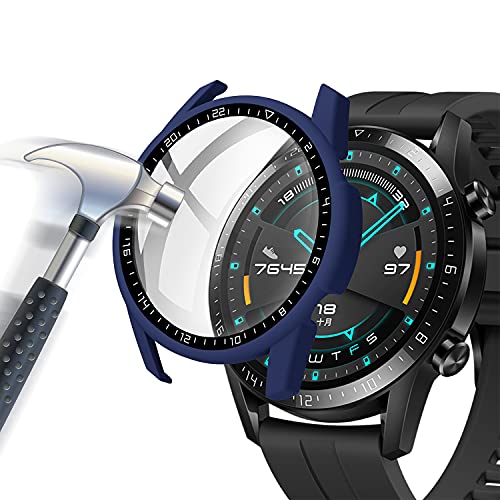 Acadeny Hülle Mit Gehärtetes Glas Displayschutz Kompatibles für Huawei Watch GT2 46mm , 9H Härte 360° Rundum Schutzhülle Ultradünne Schutz PC Case Cover GT 2 (46mm) Skala,Blau (GT2 46-case-blue) von Acadeny