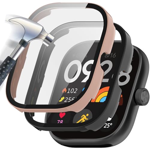 Acadeny Hülle Mit Gehärtetes Glas Displayschutz Kompatibles für xiaomi redmi Watch 4,9H Härte 360° Rundum Schutzhülle Ultradünne Schutz PC Case Cover,schwarz+pink von Acadeny