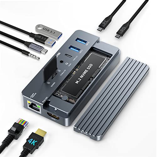 USB-C Hub mit Festplattengehäuse, 10 in 1 USB C Hub Adapter mit M.2 SSD Externes Festplattengehäuse, 4K HDMI, USB 3.0, SD/TF Kartenleser, 100W PD kompatibel mit Laptop, iPad von Acasis