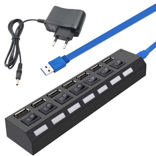 Acboor 7-Port USB Hub 3.0 mit 60cm Kabel,USB hub mit Aktiv Netzteil Ladegerät Adapter Datenhub USB verteiler für Laptop,MacBook Pro/Mini,Surface Pro, PS,Mobile HDD, Einzelnen LED-Netzschaltern von Acboor