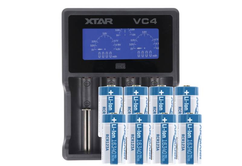 AccuCell Schnell-Ladegerät und 8 Akkus CR123A mit 3,6 Volt bis 3,7 Volt, max. Akku 700 mAh (3,7 V) von AccuCell