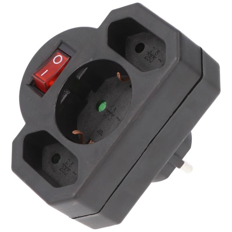 Multistecker 2x Euro und 1x Schutzkontakt schwarz mit Schalter von AccuCell