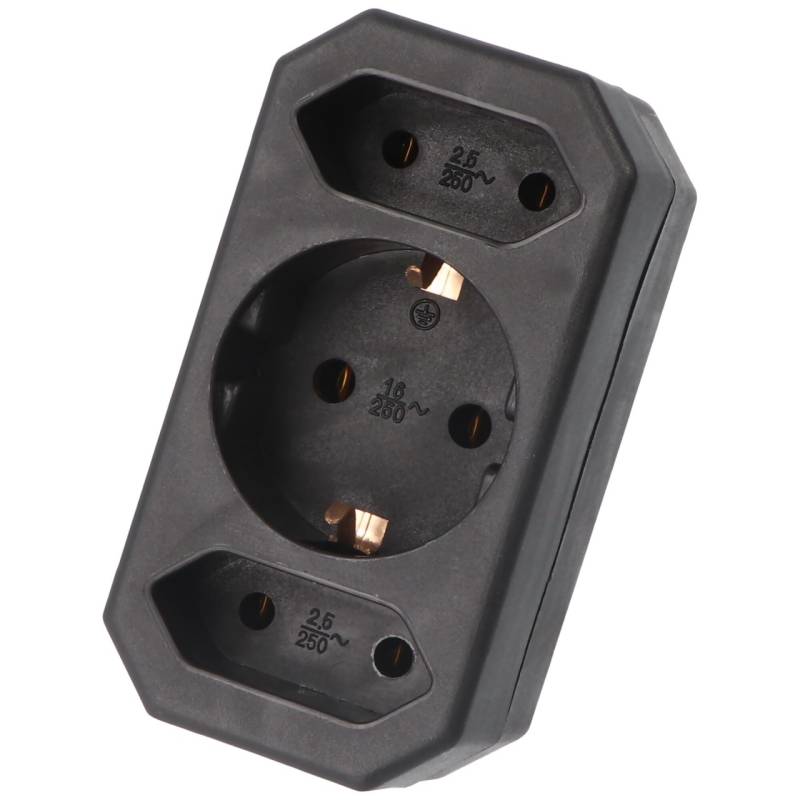 Multistecker 2x Euro und 1x Schutzkontakt schwarz vertikal von AccuCell