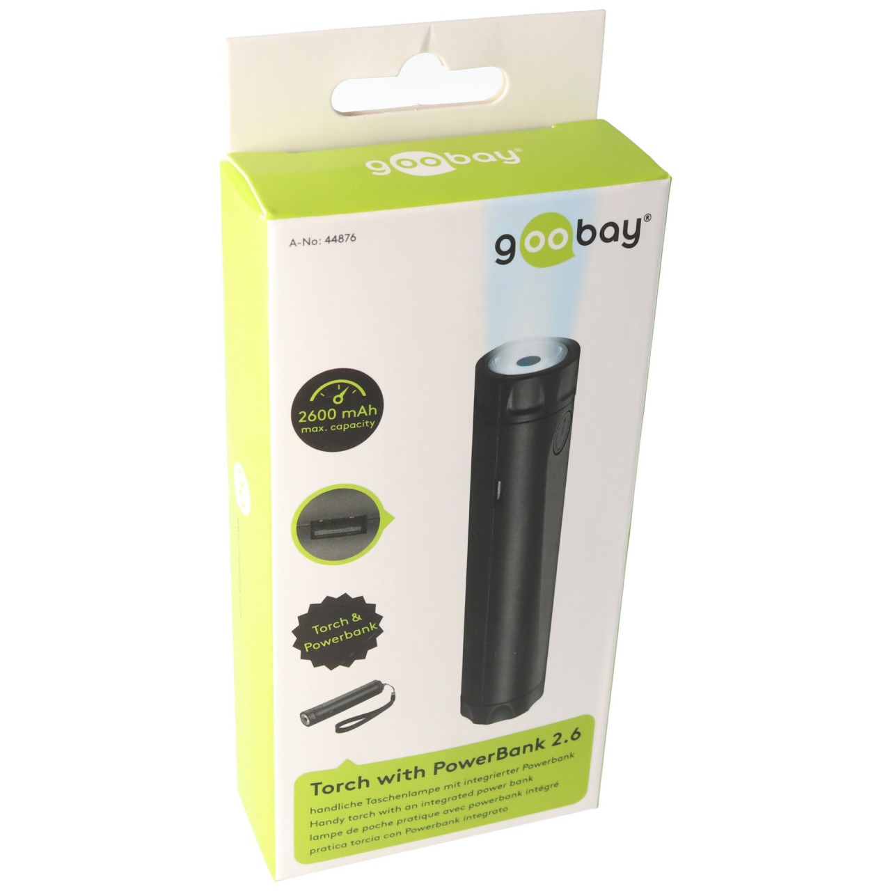 Powerbank 2600mAh mit heller LED-Taschenlampe und 2 Leuchtstärken Powerbank 2600mAh mit heller LED-Taschenlampe und 2 Leuchtstärken von AccuCell