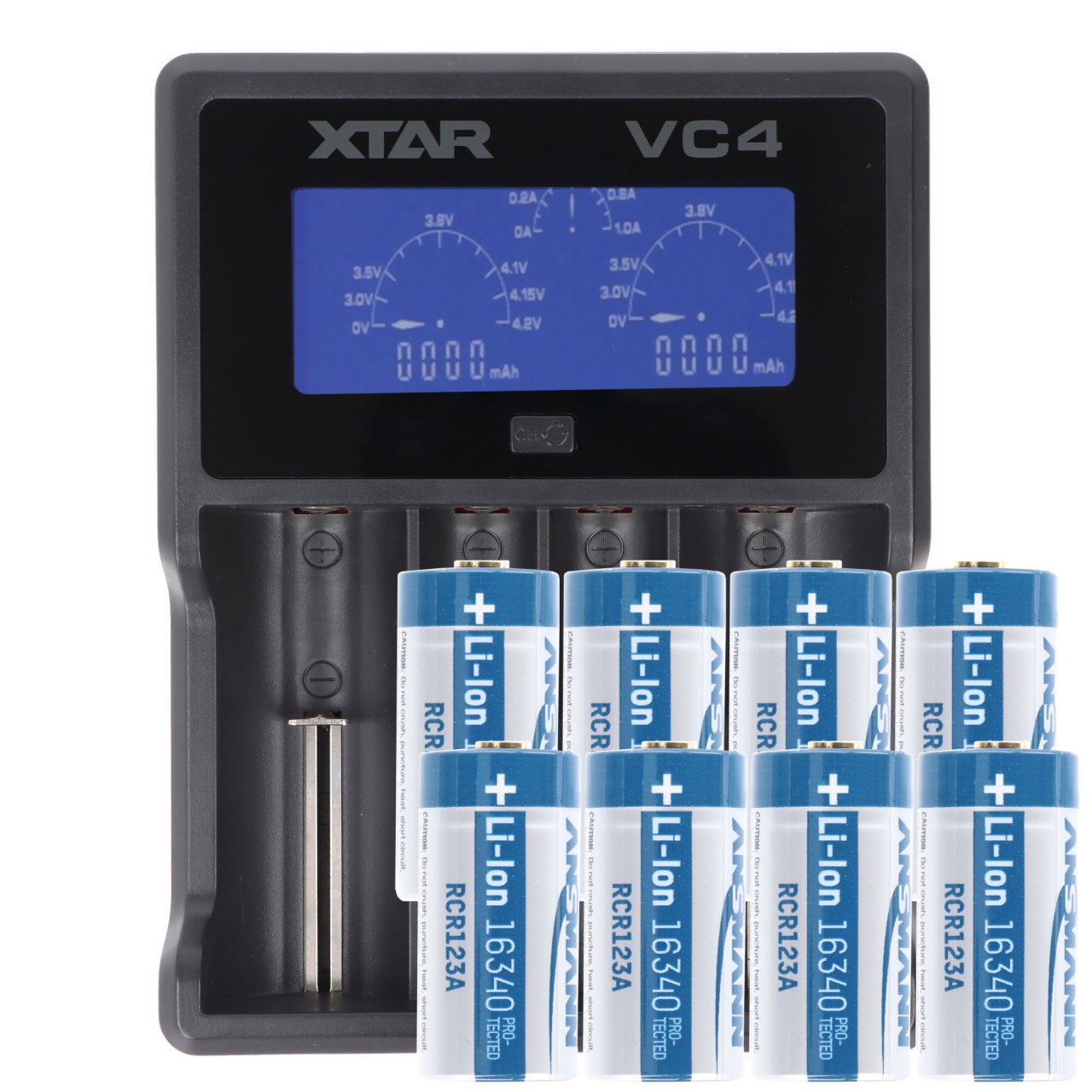 Schnell-Ladegerät und 8 Akkus CR123A mit 3,6 Volt bis 3,7 Volt, max. 850mAh Schnell-Ladegerät und 8 Akkus CR123A mit 3,6 Volt bis 3,7 Volt, max. 850mAh von AccuCell