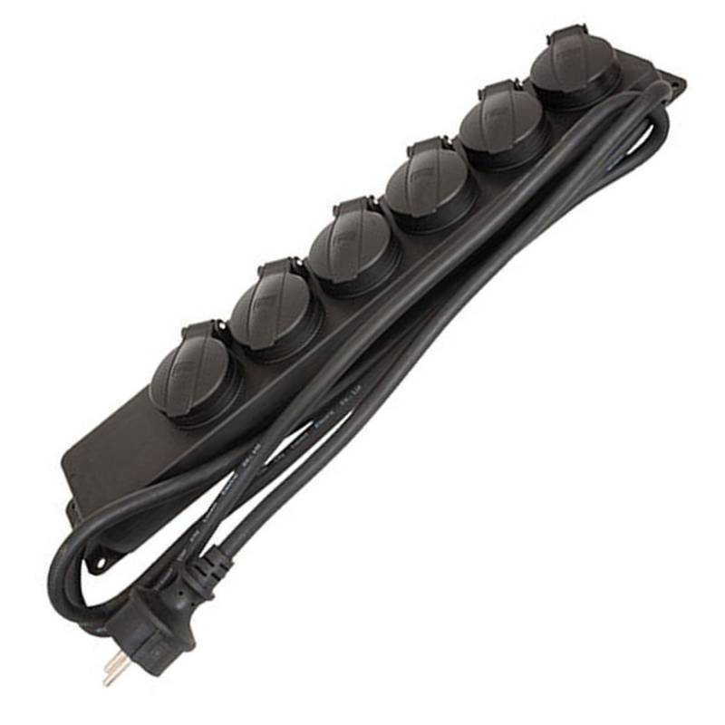 Steckdosenleiste 6-fach Outdoor mit Klappe Farbe schwarz IP44 Querschnitt 1,5mm² für 6x Schukostecker von AccuCell