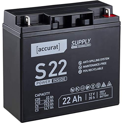 Accurat Supply AGM Solarbatterie S22-12V, 22Ah, 30% mehr Kapazität, zyklenfest- VRLA Versorgungsbatterie, Aufbaubatterie Wohnmobil, Wohnwagen Batterie, Bootsbatterie, Bleiakku für Camping von Accurat