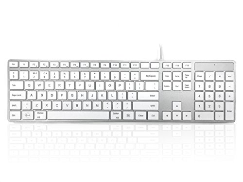 Accuratus 301 MAC USB Typ C – USB Typ C kabelgebundene Apple Mac Multimedia-Tastatur in voller Größe mit weißen quadratischen taktilen Tasten und silbernem Gehäuse – UK Mac-Layout von Accuratus