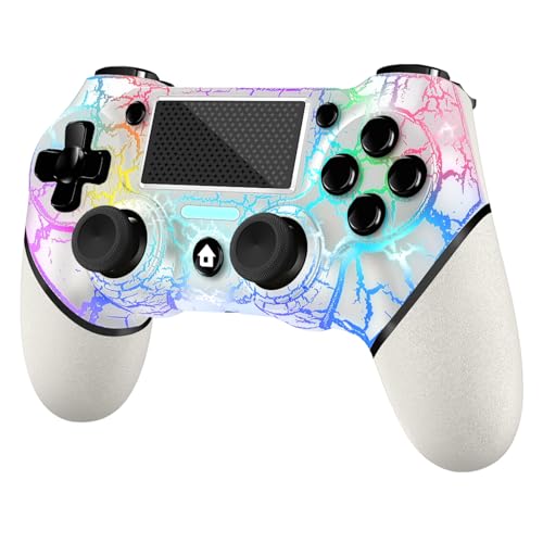 AceGamer Wireless Controller für PS4, White Crack Custom Design mit RGB-Licht, 1000mAh Akku und 3,5mm Audio-Buchse, V2 Gamepad Joystick Kompatibel mit PS4/Slim/Pro und Windows PC! (Weiß-beleuchtet) von AceGamer