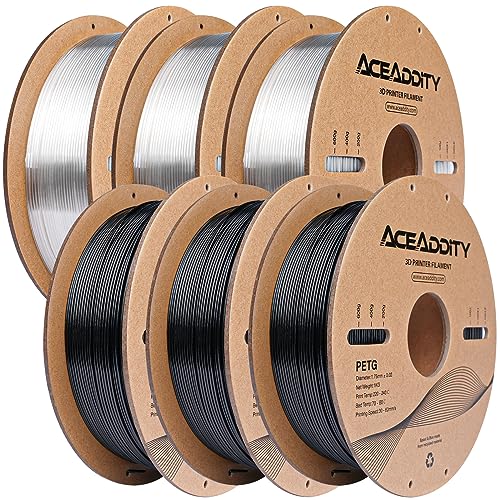 Aceaddity PETG-Filament, 1,75 mm 3D-Drucker-Filament, Maßgenauigkeit +/- 0,02 mm, 1 kg, 3D-Druck-Filament (3kg Schwarz + 3kg Klar) von Aceaddity