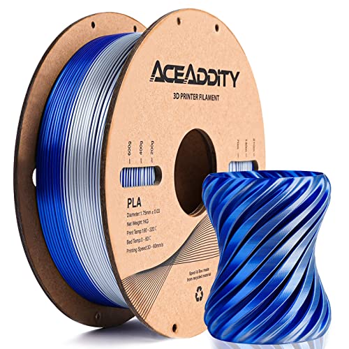Aceaddity Silk Magic PLA-3D-Drucker-Filament, zweifarbige Co-Extrusion, 1,75 mm, 3D-Druck-PLA-Filament, glänzende Seide, coextrudiertes PLA, Maßgenauigkeit +/- 0,03 mm, 1 kg (Silber-Dunkelblau) von Aceaddity