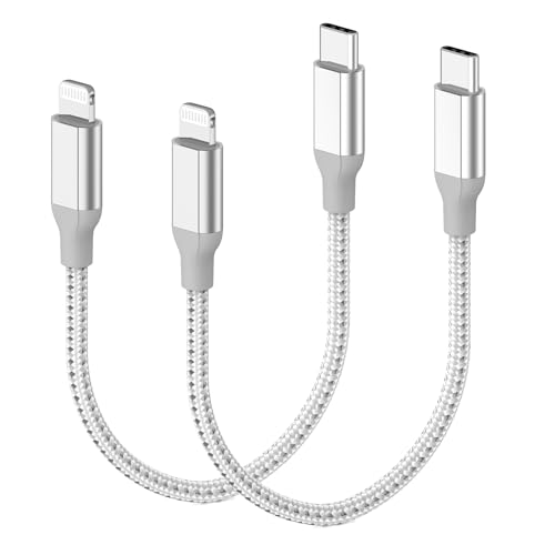 30cm USB C Lightning Kabel Kurz, 2 Stück MFi Zertifiziert Kurzes iPhone Ladekabel Schnellladekabel Nylon Geflochten Datenkabel für iPhone 14 13 12 11 Mini Pro Max X XS XR 8 7 6 Plus SE iPad - Silber von Acecene