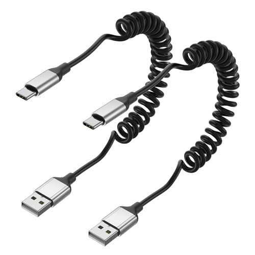 Spiralkabel USB A auf USB C, 2 Stück Kurzes USB C Kabel Schnellladekabel Android Auto USB Ladekabel Typ C Datenkabel für Samsung S23 S22 S21 S10 S9 S8 S7, Xiaomi, Huawei - Schwarz von Acecene