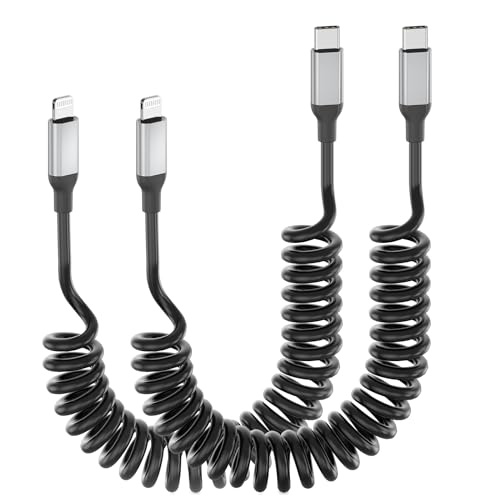 Acecene USB C auf Lightning Spiralkabel [2 Stück], MFi Certified Carplay Kabel iPhone Ladekabel Kurz, 2.4A USB C auf Lightning Kabel für iPhone 14 13 12 11 Pro Max X XS XR 8 7 6 Plus SE - Schwarz von Acecene
