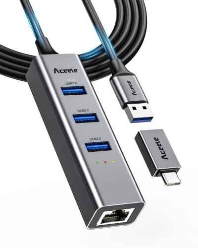 Aceele USB 3.0/ USB C Ethernet Adapter, Thunderbolt 3 zu Gigabit 4 USB 3.0 Adapter kompatibel mit MacBook Air/Pro, iPad Pro/Air, Surface Pro 8, GalaxyTab S8/S7, Galaxy S22/S21 und USB-A Computer von Aceele