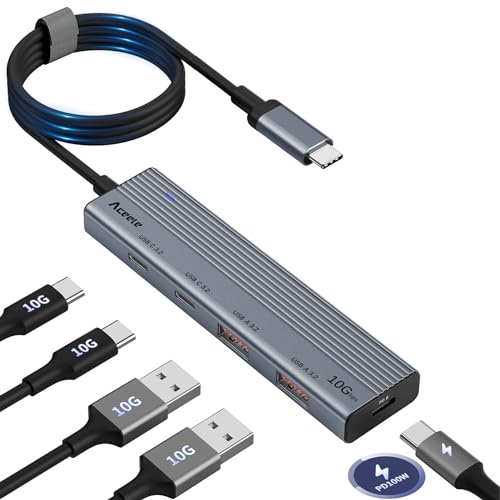 Aceele USB 3.2 Gen 2 Hub mit 2 USB-A-Anschlüssen und 2 USB-C-Anschlüssen, USB 3.2 Datenhub PD mit 100cm Kabel, geeignet für Laptops, Desktops PC, Xbox und Mac usw von Aceele