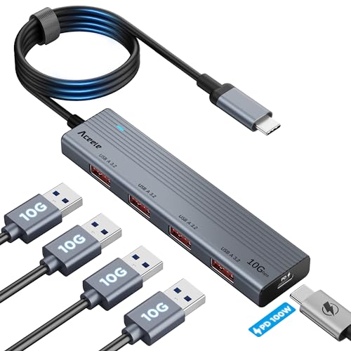 Aceele USB 3.2 Gen 2 Hub mit 4 USB-A-Anschlüssen, USB 3.2 Datenhub PD mit 100 cm Kabel, geeignet für Laptops, Desktops PC, Xbox und Mac usw von Aceele