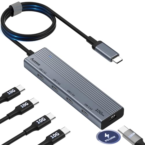 Aceele USB 3.2 Gen 2 Hub mit 4 USB-C-Anschlüssen, USB 3.2 Datenhub PD mit 60 cm Kabel, geeignet für Laptops, Desktops PC, Xbox und Mac usw von Aceele