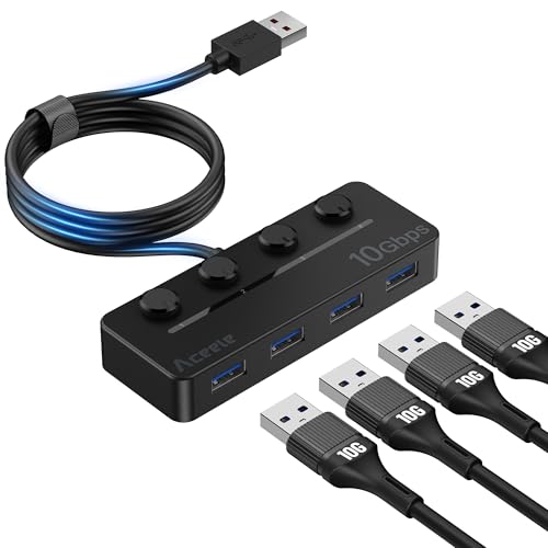 Aceele USB 3.2 Hub mit 120 cm erweitertem Kabel, USB 3.2 Gen 2 Hub, USB 3.2 Hub mit individuellen LED-Netzschaltern für MacBook, PC, USB-Sticks, Mobile Festplatte, iMac, XPS von Aceele