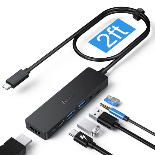 Aceele USB C Hub, USB C Adapter 6-in-1 mit 4K HDMI-Ausgang, mit 60 cm langem Kabel, kompatibel für Laptops mit Thunderbolt 3, wie MacBook Pro, Surface GO/Pro 7, iPad Pro, iMac 24, Galaxy S21 von Aceele