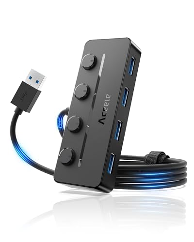 Aceele USB HUB 3.0, 4-Port USB 3.0 Hub mit Unabhängigem Netzschalter, mit 5V/3A Stromanschluss, USB Adapter, Hub mit Mehreren USB-Anschlüssen, USB HUB Netzteil, 120 cm Kabellänge von Aceele