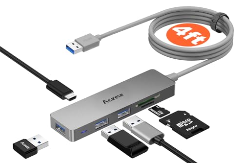 Aceele USB Hub 3.0 mit 1.2 m Kabel, 6-in-1 USB Adapter auf 3 USB 3.0 Extension und SD/TF Kartenleser, geeignet für Laptops, Desktops PC, Xbox und Mac usw (Grau) von Aceele